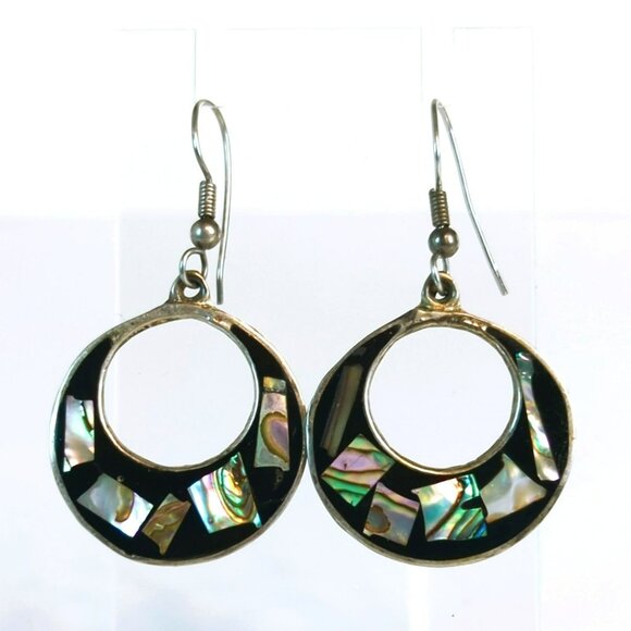 Vintage Alpaca Silver Abalone & Black Enamel Crescent Drop Earrings - Picture 2 of 5